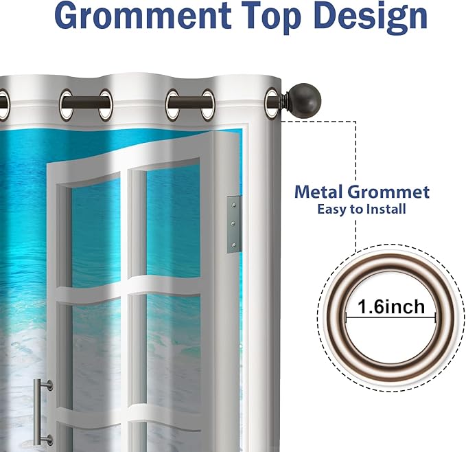 Jekeno Ocean Beach Blackout Curtains Tropical Scene Sea Waves Shell Starfish Conch View Through White Wooden Window Bedroom Living Room Decor Darkening Grommet Window Drapes 2 Panel Set, 42"x54"