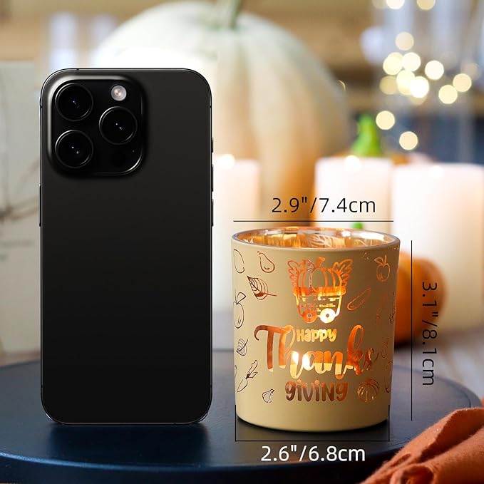 SHMILMH Glass Votive Candle Holders 4PCS Thanksgiving Tealight Candle Holders for Fall Table Centerpiece, Thanksgiving Decorations Indoor or Outdoor D閏or