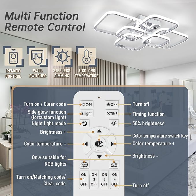 31.5" Modern LED Ceiling Light 6-Square Dimmable Ceiling Light Fixtures with Remote 3000K-6000K Chrome Close to Ceilings Lamp 60W Flush Mount Ceiling Lamp for Living Room, Bedroom