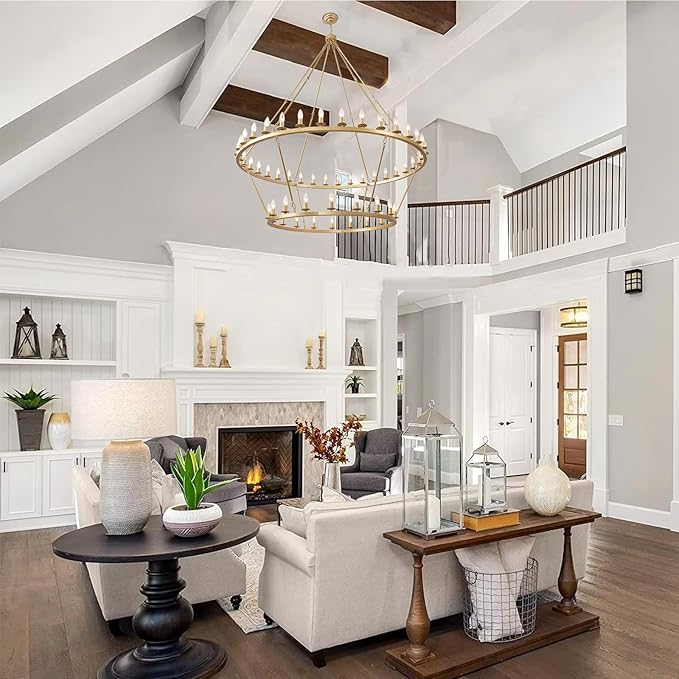 60 Inch Gold Wagon Wheel Chandelier, 2 Tier 54-Lights Large Farmhouse Chandeliers for High Ceilings, Extra Large Industrial Brushed Gold Pendant Lights for Foyer Hallway Dining Room Living Room