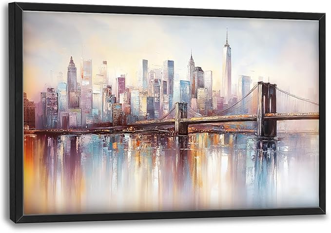 Olivine Large Wall Art, Brooklyn Bridge Pictures Wall Decor, New York Cityscape Canvas Prints Painting, Framed Artwork for Bathroom Bedroom Living Room Office Home Decoration 36"x24"