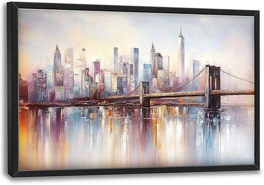 Olivine Large Wall Art, Brooklyn Bridge Pictures Wall Decor, New York Cityscape Canvas Prints Painting, Framed Artwork for Bathroom Bedroom Living Room Office Home Decoration 36"x24"