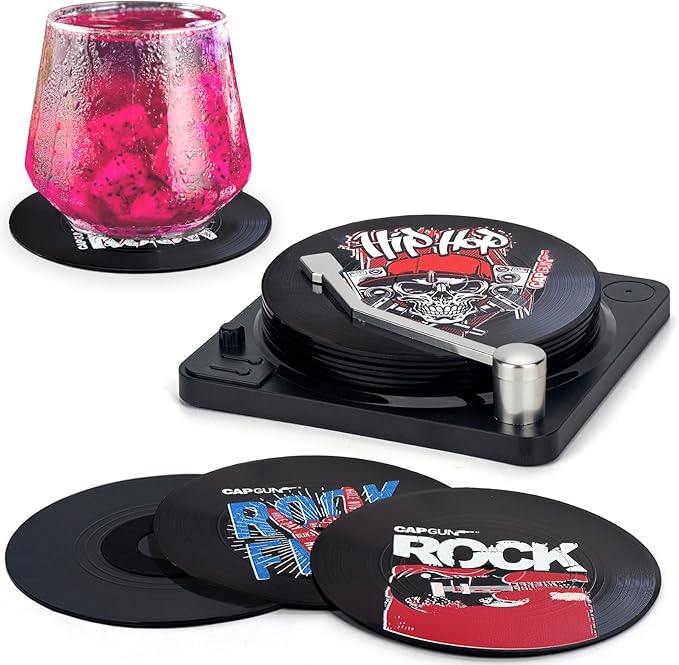 Valdivia Funny Retro Vinyl Record Coasters with Player, 6PCS Rock Coasters for Drinks, Cool Home Decor for Housewarming Gifts, Music Lovers Gifts, Birthday Gifts for Men and White Elephant Gifts Ideas