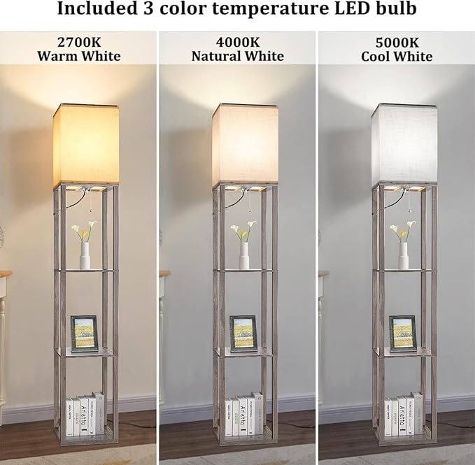 Floor Lamp with Shelves，Wood Corner Floor Lamps for Living Room Tables with 3 CCT LED Bulb,Modern Display Bookshelf Nightstand Lamps,Column Standing Lamp for Bedroom Office Home Decor-Rustic Wood