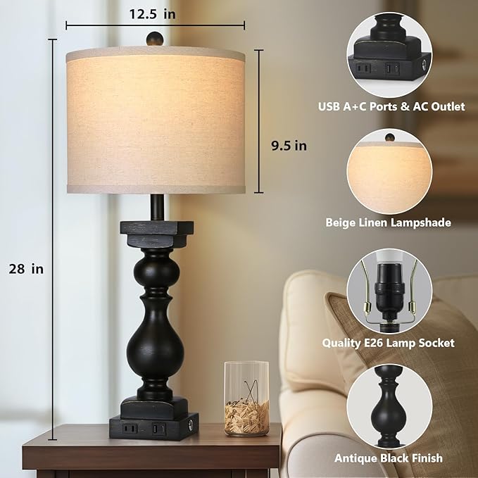 28" Tall Farmhouse Table Lamps Set of 2 with USB C+A Ports and AC Outlet, 3 Way Touch Tall Rustic Bedside Lamps for Living Room, Black Vintage Lamps for Bedroom Nightstand