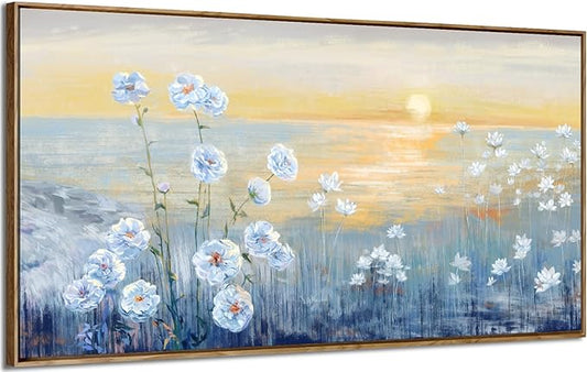Framed Wall Art for Living Room Blue Ocean Beach Sunset Seascape Painting Abstract Coastal Flowers Canvas Print Seaside White Wildflowers Picture Sunrise Yellow Orange Sky Nature Landscape 24x48inch