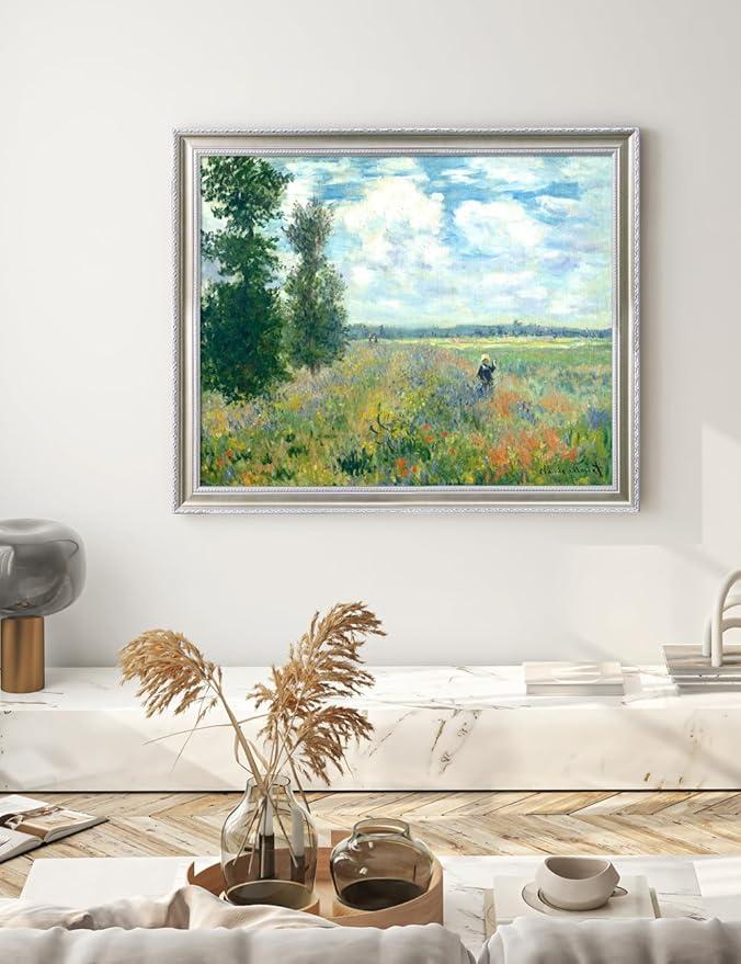 DECORARTS - Claude Monet Poppy Fields Near Argenteuil, Large Framed Wall Art, Canvas Size 35x28, Outer Dimensions Larger With Customizable Solid Wood Frames, Giclee Canvas Print, Made in USA