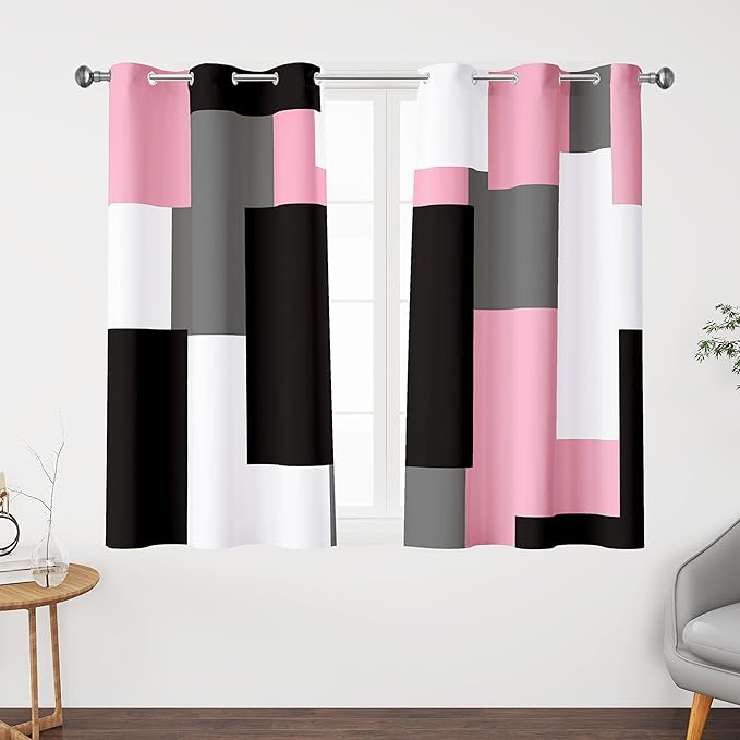 Pink 100% Blackout Curtains 45 inch Length 2 Panels Set White Grey Modern Abstract Geometric Drapes for Kitchen Black Out Curtains Insulated Room Darkening Small Window Curtains, 42Wx45L