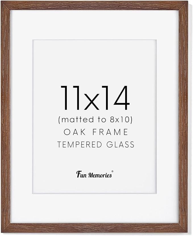Fun Memories 11x14 Wood Picture Frame, Solid Oak Frame 11 x 14 for Wall, Display 8x10 with Mat or without Mat, Tempered Glass, 11''x14'' Photo Art Walnut Color, 1 Pack