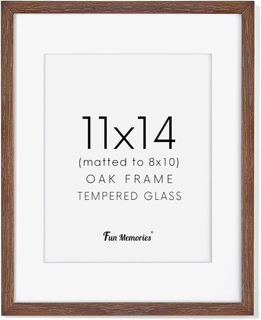 Fun Memories 11x14 Wood Picture Frame, Solid Oak Frame 11 x 14 for Wall, Display 8x10 with Mat or without Mat, Tempered Glass, 11''x14'' Photo Art Walnut Color, 1 Pack