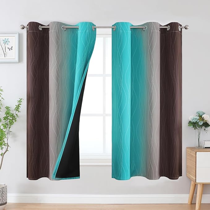 Estelar Textiler Brown and Teal Blackout Curtains & Drapes for Bedroom, Thermal Insulated Ombre Blackout Drapes, Room Darkening Energy Saving Curtains for Living Room, 42Wx63L, 2 Panels
