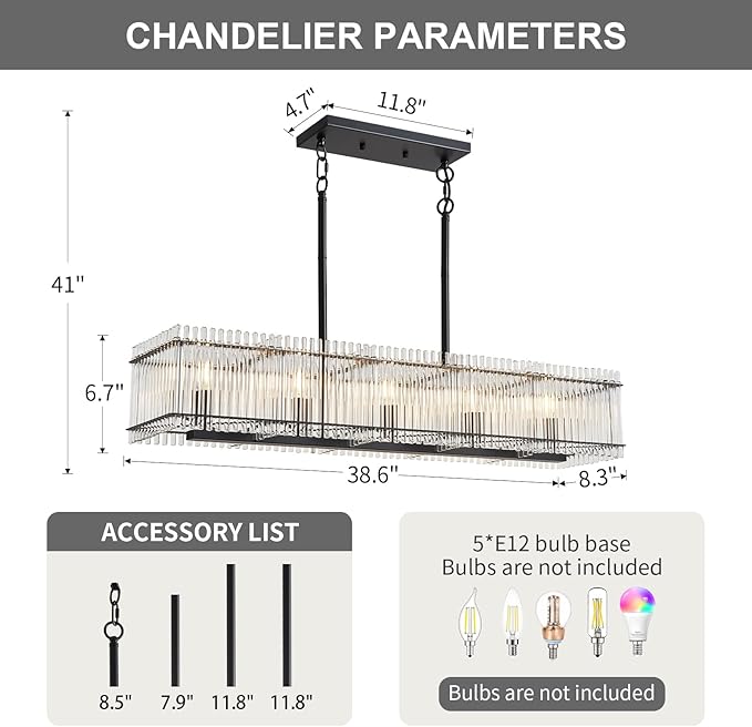 5-Light Modern Crystal Chandelier Luxury Black Dining Room Light Fixture Over Table Rectangle Farmhouse Hanging Pendant Lighting for Living Room, Kitchen Island Ceiling Lights