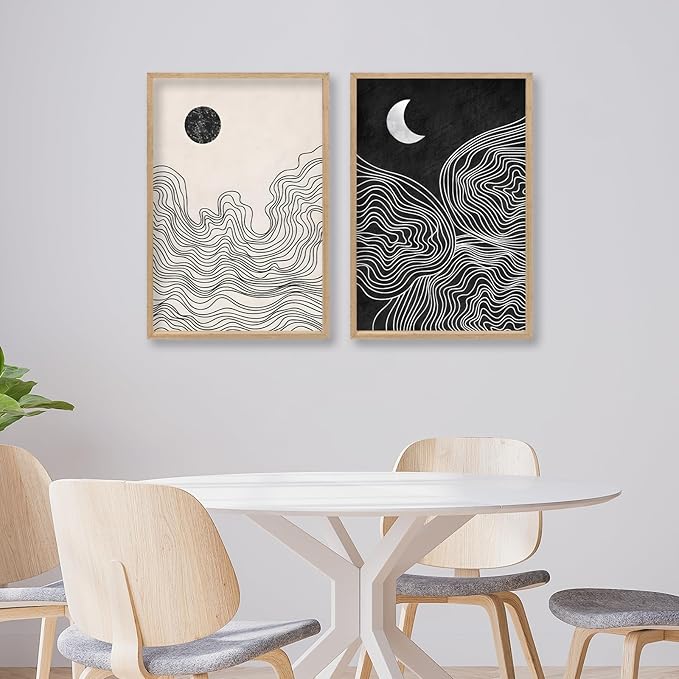 Black and White Sun Moon Boho Wall Art 16"x24" 2 Pieces Wooden Framed Mid Century Abstract Minimalist Home Sign for Living Room Bedroom Office Neutral Wall HangIing Decor (Wood)