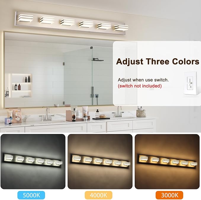LED Wall Brushed Nickel Vanity Lights for Bathroom Light Fixtures 36W Adjust 3 Colors Modern Bath Lighing Over Mirror LED Vanity Light (6-Light,41inch)