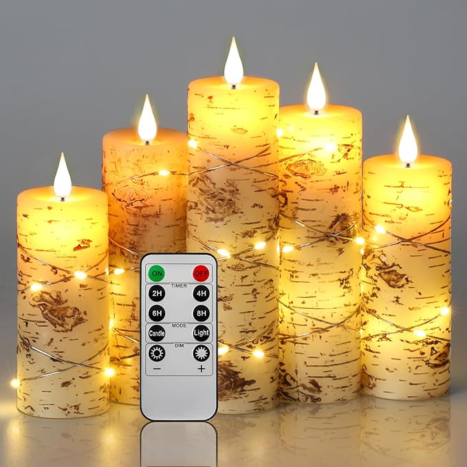 Da by LED Candles Hand Painted Birch Bark Recessed String Candles Set of 5 (Heights: 4", 5", 6", 7", 8") Battery Powered with Dancing LED Flame