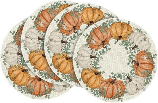 Artoid Mode Orange Pumpkins Eucalyptus Leaves Round Fall Placemats Set of 4, 14 Inch Thanksgiving Round Table Mats for Dining Decoration
