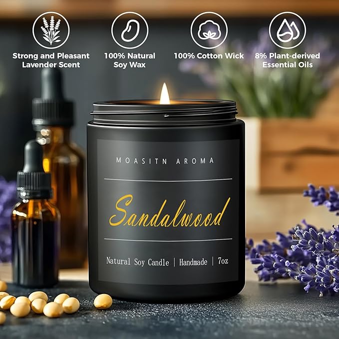 MOASITN Sandalwood Scented Candles for Home| Leather,Sandalwood,Amber Scented Soy Candle| Handmade Longlasting Aromatherapy Candle| Jar Candel Gift for Women,Men for Spring,Birthday,Relaxing|7oz