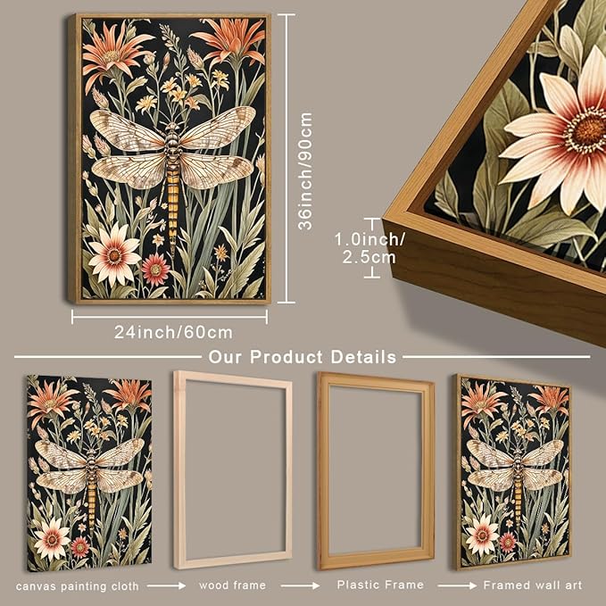 ANHUIB Extra Large Wall Art William Morris Wall Art 24x36 Inch Vintage Floral Wall Decor Butterfly Dragonfly Paintings Set of 3 for Living Room Bedroom Dining Room