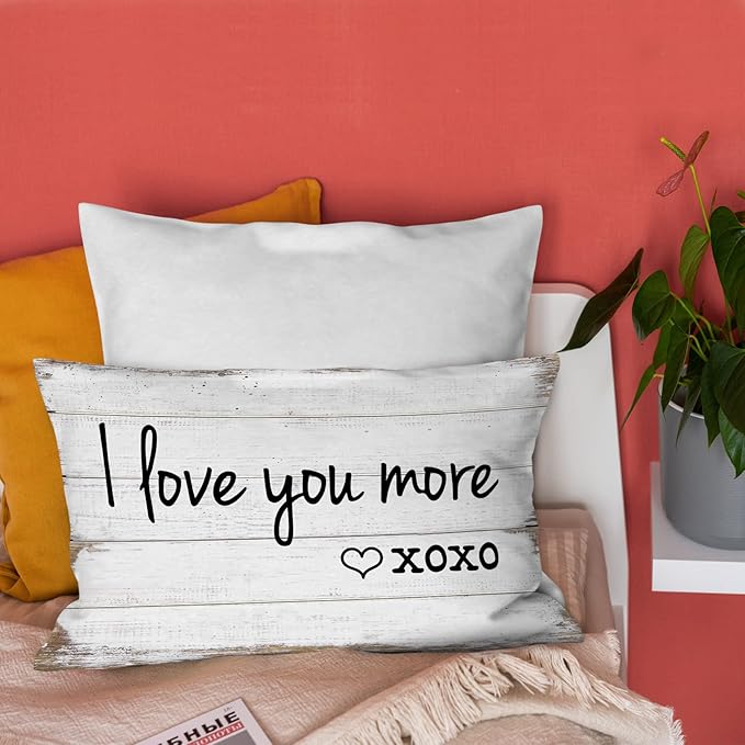 Burosev Rustic I Love You More XOXO Throw Pillow Cover, Funny Couples Sayings Decorative Pillowcase, Love Theme Anniversary Decor Decorations for Home Bedroom Sofa Bed Room (12 x 20 Inch)