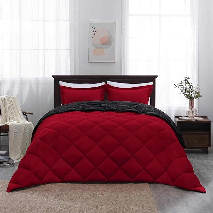 Basic Beyond California King Comforter Set, Red and Black Comforter Set California King for All Seasons, 1 Comforter 104"x96" and 2 Pillow Shams 20"x36"+2"