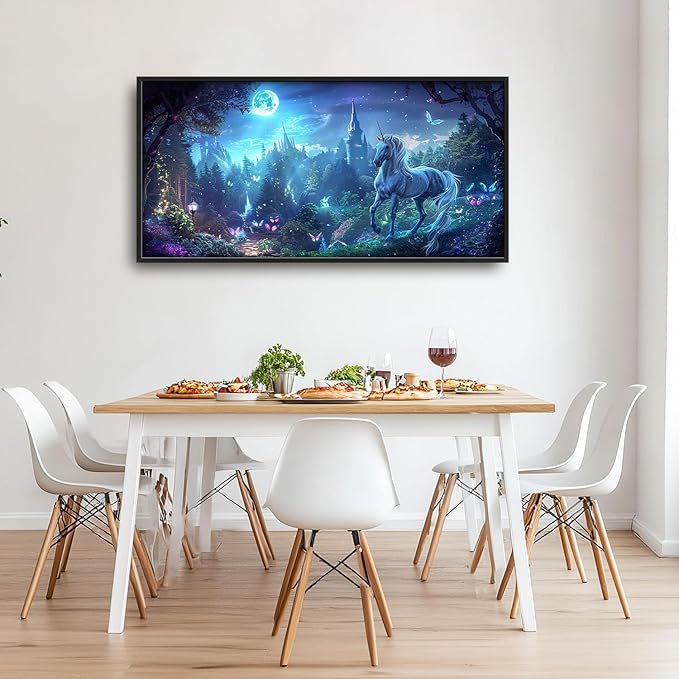 Flintis Large Unicorn Wall Art Unicorn Castle Moon Pictures Wall Decor Abstract Animal Canvas Painting Print Artwork Decoration Framed for Living Room Bathroom Master Bedroom Office 60L x 30W