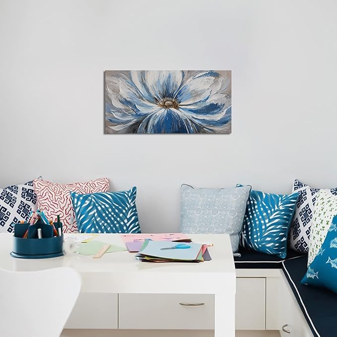 Flower Canvas Wall Art for Living Room Large White Blue Flower Picture Giclee Print Painting Wall Decor Framed Artwork Ready to Hang for Home Bedroom Wall Decoration Size 20x40