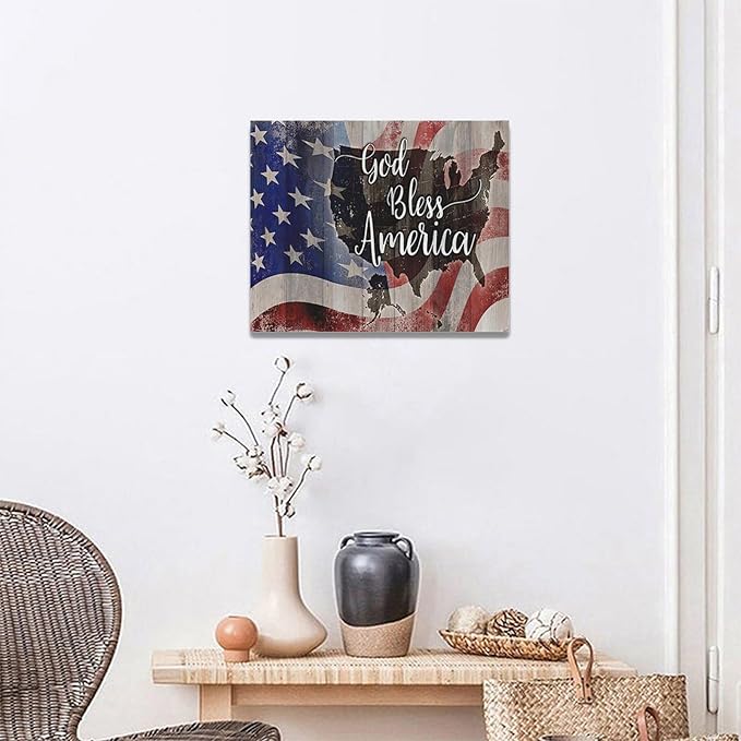 Large American Flag and USA Map Wall Art Rustic United States Map Pictures Wall Decor God Bless America Canvas Painting Print Home Decor Artwork Framed for Living Room Bathroom Master Bedroom 20"x16"