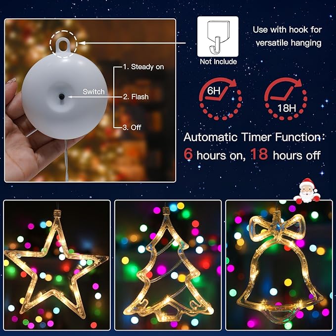 suddus Christmas Window Lights Decorations, 3Pcs Tree-Jingle Bell-Star Shaped Xmas Lights Battery Powered with Suction Cups & Timer, Hanging String Lights Indoor for Tree, Fireplace, Warm White