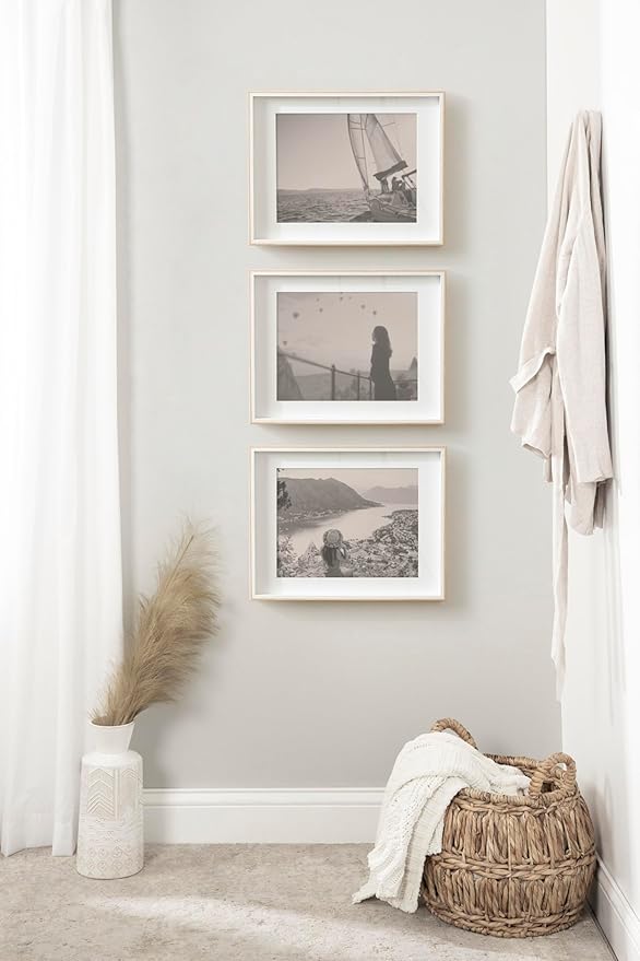 Kate and Laurel Gibson Modern Wall Picture Frame Set of 3; 14x18 matted to 11x14; White and Natural; Modern Three-Piece Frame Set for Gallery Wall Frame Set in Living Room Wall Decor