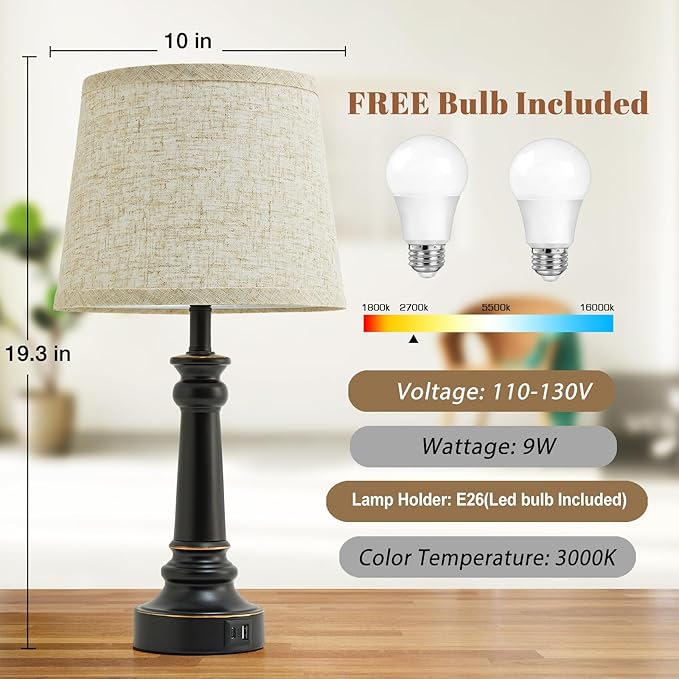 Touch Lamps for Nightstand Set of 2 - Black Table Lamp for Bedroom 3 Way Dimmable Bedside Lamp with USB C+A Ports - Lamps for Night Stands Living Room End Table,2 LED Bulbs Included