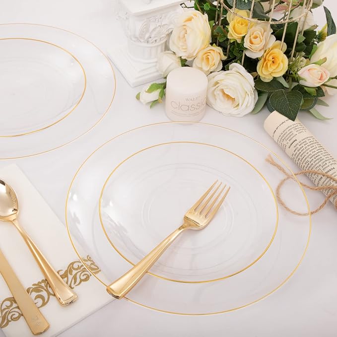 Nervure 100 Pieces Clear and Gold Plastic Plates - 10.25inch Gold Dinner Plate - Heavyweight Clear Disposable Plates Ideal for Party & Wedding & Thanksgiving