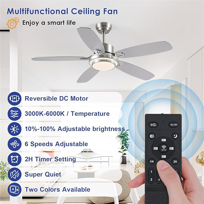 Ceiling Fans with Lights,50“ Modern Nickel Ceiling Fan and Remote/APP Control,5 Dual Finish Blades Dimmable 3-Color LED Fandelier for Indoor Dinning room,Bedroom