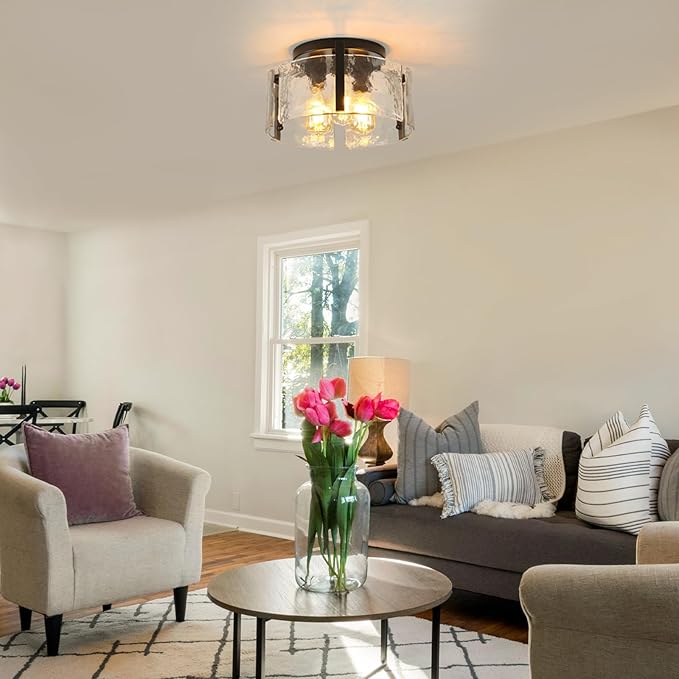 Black Semi Flush Mount Ceiling Light Fixture, 3-Light Modern Hallway Light Fixtures Ceiling Mount, Foyer Kitchen Lighting Fixtures Ceiling Lights for Bedroom, Bathroom, Laundry Room, Entryway, Hallway