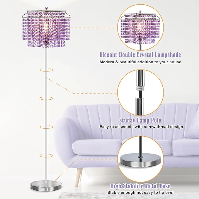 Crystal Floor Lamp Purple, 64" Tall Standing Lamps with Double-Layer Lampshade, Elegant Floor Lamp with On/Off Foot Switch, Standing Lamps for Living Room, Bedroom, Dresser, Office, Bulb Included