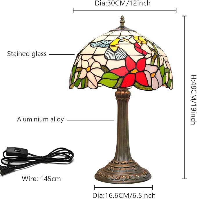 Tiffany Style Stained Glass Table Lamp 12-Inch Blue Hummingbird Reading Bedside Lamp Suitable for Study Living Room Bedroom Coffee Shop Retro Table Lamp Home Decoration Art