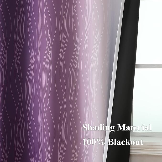 Estelar Textiler Purple and Greyish White Ombre Blackout Curtains 54 Inch Length 2 Panels, Full Room Darkening Gradient Drapes for Kitchen,Thermal Insulated Grommet Short Curtains for Bathroom,42Wx54L
