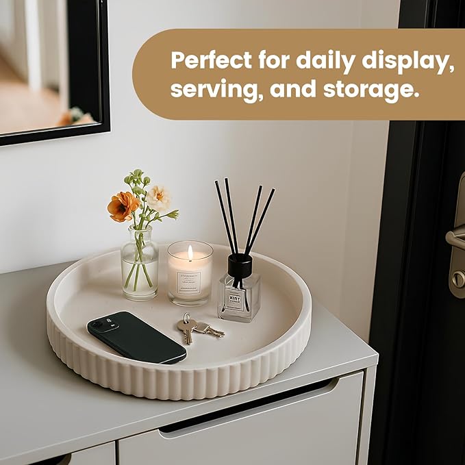 Decor Tray for Coffee Table Decor, Round Serving Circle Concrete Large Stone Trays for Minimalist Home Modern Dining Centerpiece Bathroom Kitchen Island Counter Contemporary