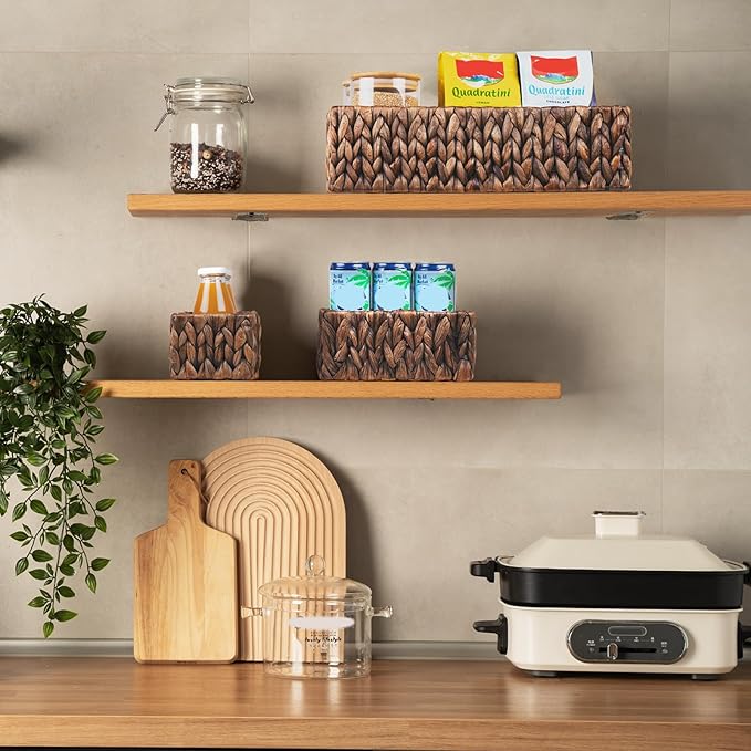 FairyHaus Wicker Baskets for Organizing 3Pack, Large and Small Wicker Storage Baskets Set, Hand Woven Baskets for Storage, Brown Water Hyacinth Storage Baskets for Pantry Shelf