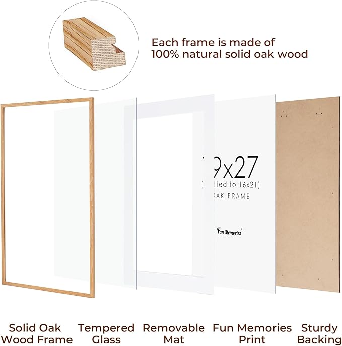 19x27 Picture Frame, Solid Oak Wood 19"x27" Frame, 19 x 27 Poster Frame for Wall, 19x27 Frame Matted to 16x21, Tempered Real Glass, Wood 19"x27" Art Frame, Natural Oak Color, 1 Pack