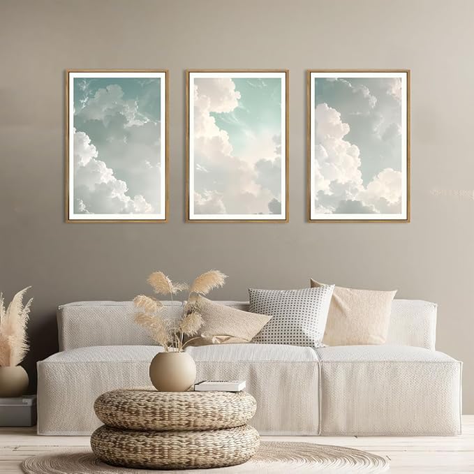 Large Sky Wall Art White Cloud Wall Art Nature Landscape Wall Decor Set of 3 for Living Room Bedroom Dining Room 16x24 Inch