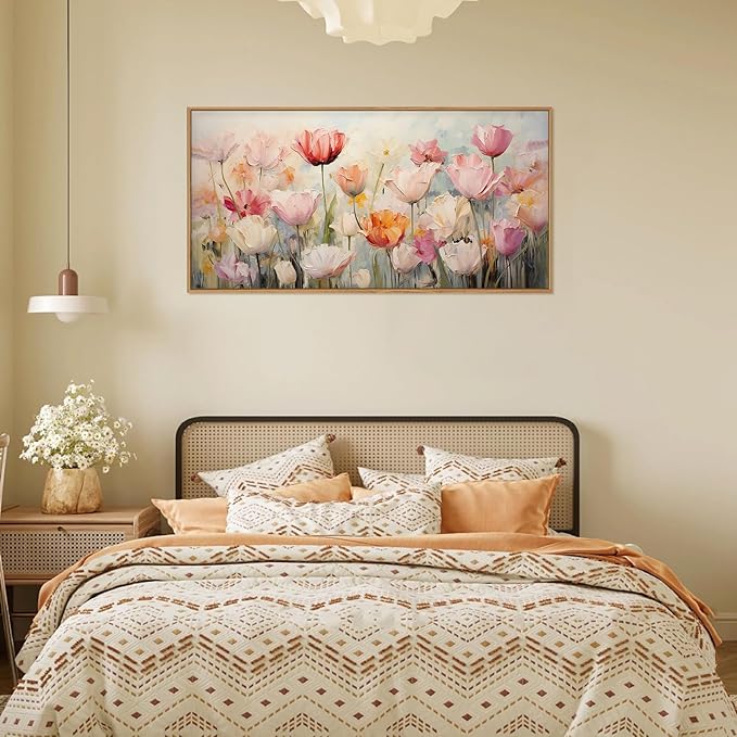 HPNIUB Large Hand-Painted Nature Wildflowers Framed Wall Art Pink Floral Canvas Oil Painting Modern Aesthetic Wall Decor Abstract Flower Artwork for Living Room Bedroom Decor -20"x40"