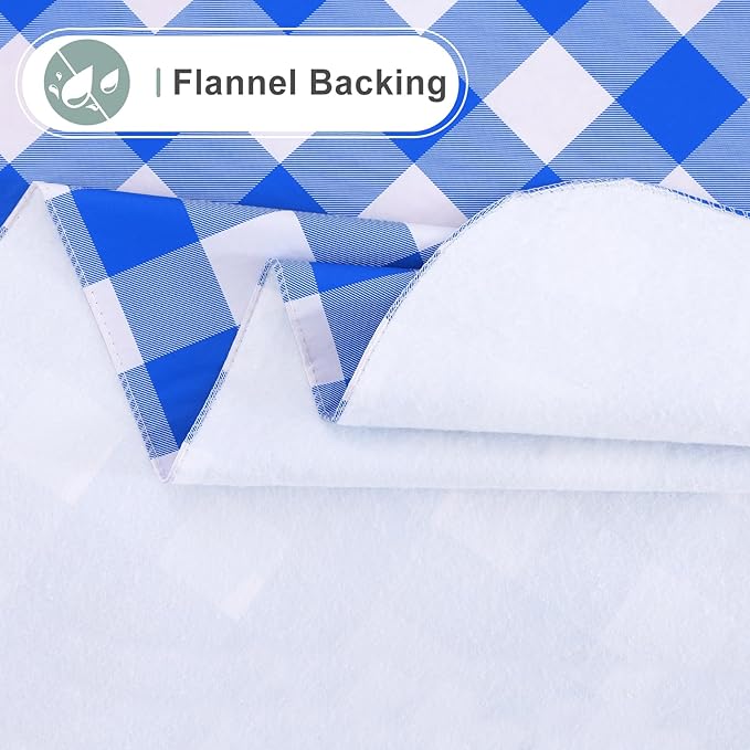 misaya Round Waterproof Vinyl Table Cloth, Buffalo Flannel Backed Tablecloth, Wipeable Plastic Table Cover for Dinner, Kitchen, Picnic (60", White and Blue)