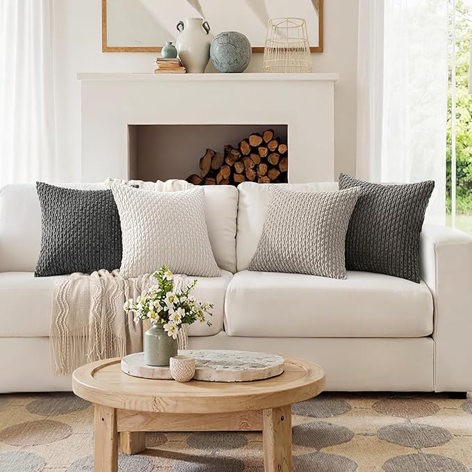 MIULEE Throw Pillow Covers Soft Couch Decorative Set of 4 Boho Striped Neutral Cushion Covers Corduroy Pillowcases Mid Century Farmhouse Home Decor for Couch Bed Sofa Living Room 18x18 Inch Grey