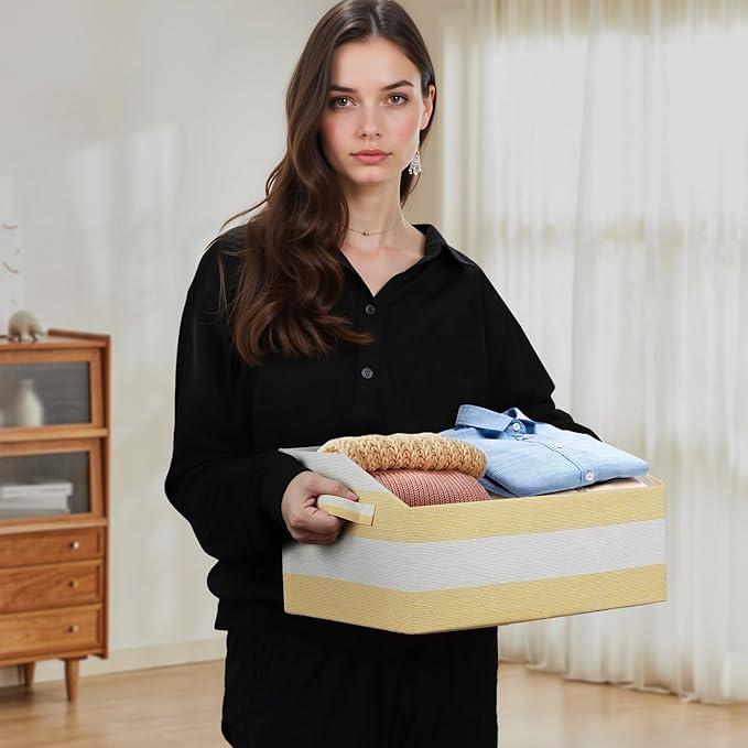 Linen Closet Organizers and Storage, Trapezoid Fabric Bins, Home Office Organization Baskets Striped Collapsible Box with Handles for Clothes, Blanket, Books, DVD, 4 Pack, Yellow/White