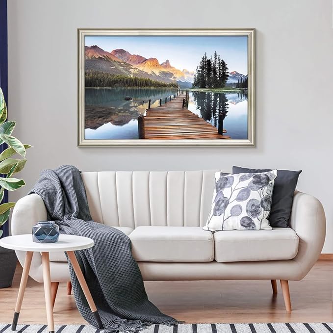 Framed Lake Landscape Wall Art: Mountain Sunset Skyline Painting Boardwalk Water Canvas Artwork for Living Room