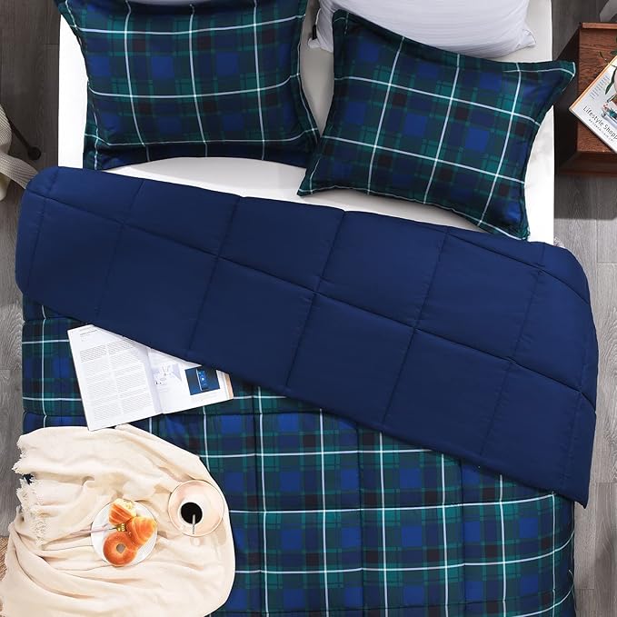 Basic Beyond King Size - Navy and Green Buffalo Plaid Comforter Set King Down Alternative Bedding Comforter Set for All Season(1 Comforter with 2 Pillow Shams, 104" x 92")