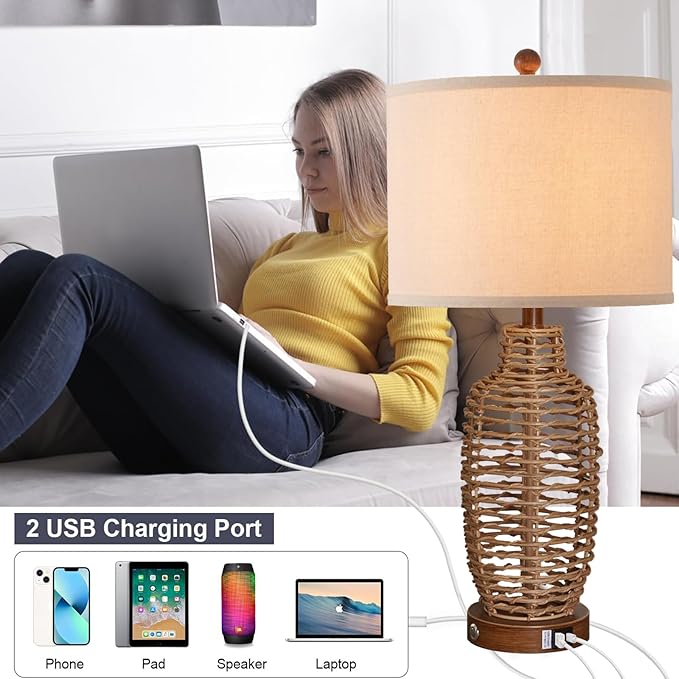 Rattan Table Lamps Set of 2 Wicker Lamps 3 Way Dimmable Touch Control Farmhouse Rustic Coastal Lamps with USB Port for Bedroom Living Room Office (LED Bulbs Included)