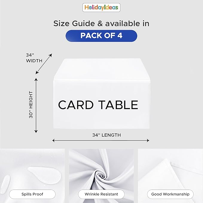 HolidayIdeas Card Table Covers Fitted Square 34x34 Inch, Wrinkle Resistant Washable Small Square Tablecloth 3 Ft for Folding Table, White, Set of 4