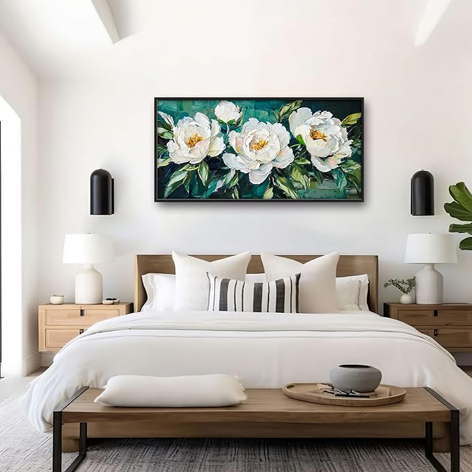 White Flower Large Wall Art for Living Room, Peoney Floral Oversized Wall Decor Pictures, Rustic Framed Canvas Print Painting, Modern Artwork for Bedroom Office Home Decor 60"x30"