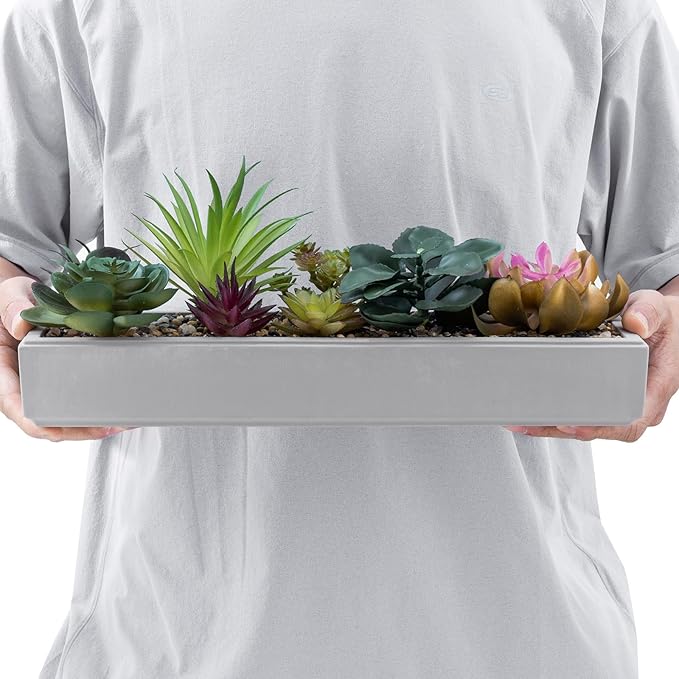MyGift 15 Inch Mixed Color Assorted Artificial Succulent Plant Arrangement in Modern Gray Clay Planter Tray